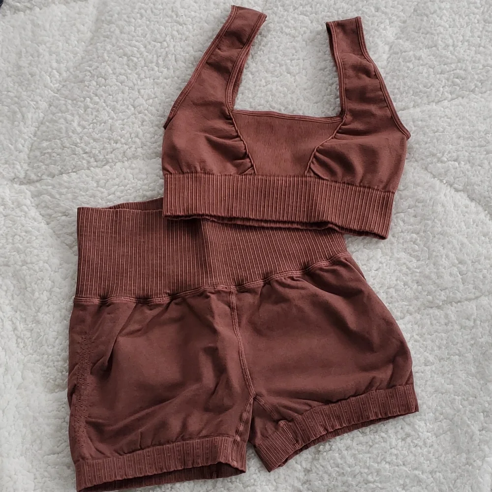 M/L Free People Good Karma Running Shorts and Square Neck Bra Set Violet Umber - Picture 1 of 14